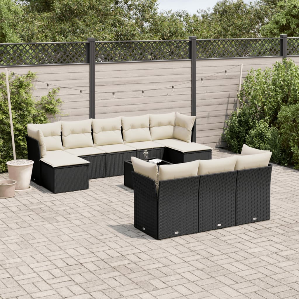 Garten-Sofagarnitur mit Kissen Schwarz Poly Rattan